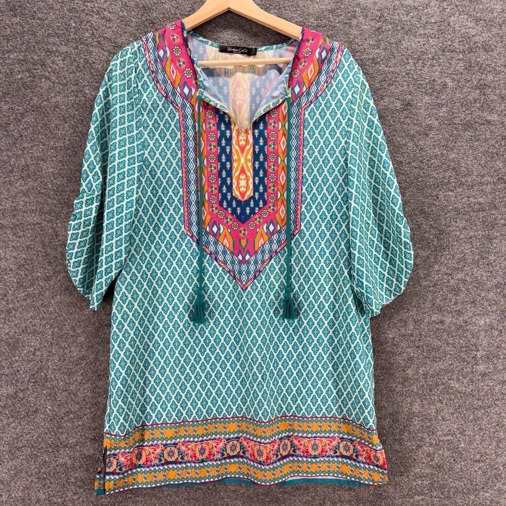 Urban CoCo Mini Dress Women M Medium Blue Geometric Short V-Neck Tasseled Casual